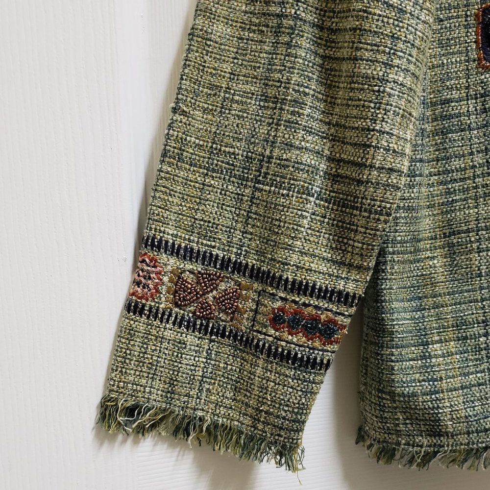 Chico's Green Multi Plaid Silk Blend Embroidered Beaded Fringe Tweed Blazer Sz S - Picture 5 of 14